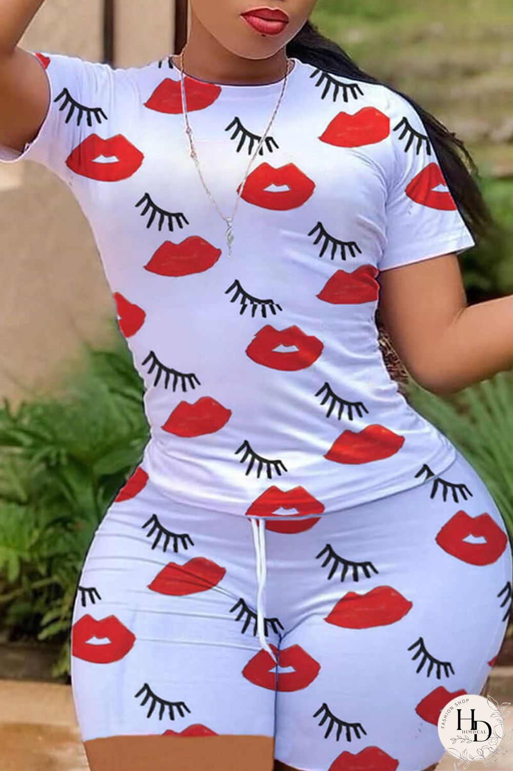 White Fashion Casual Lips Printed Basic O Neck Plus Size Two Pieces