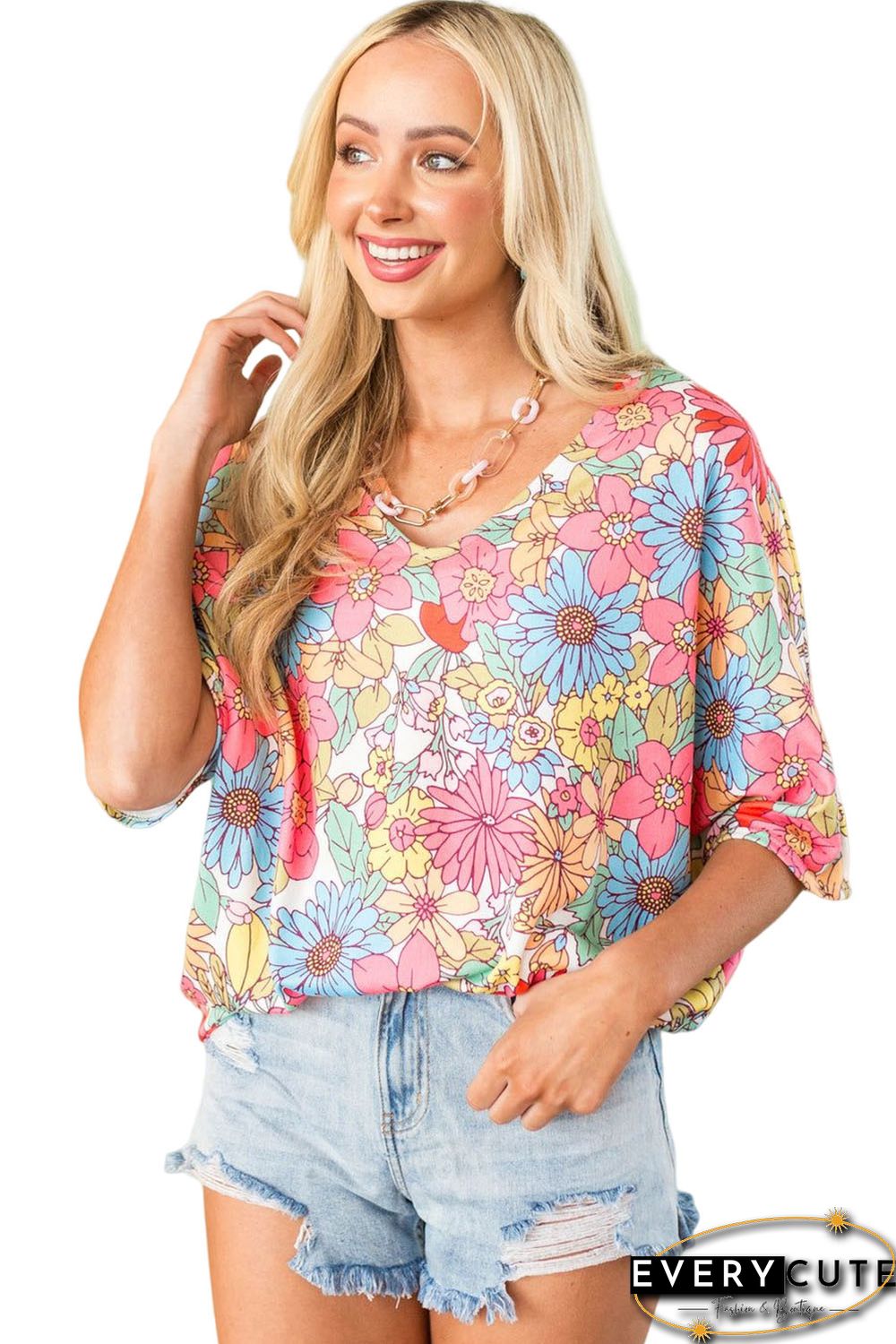 Multicolor Floral Print V Neck Half Sleeve Blouse