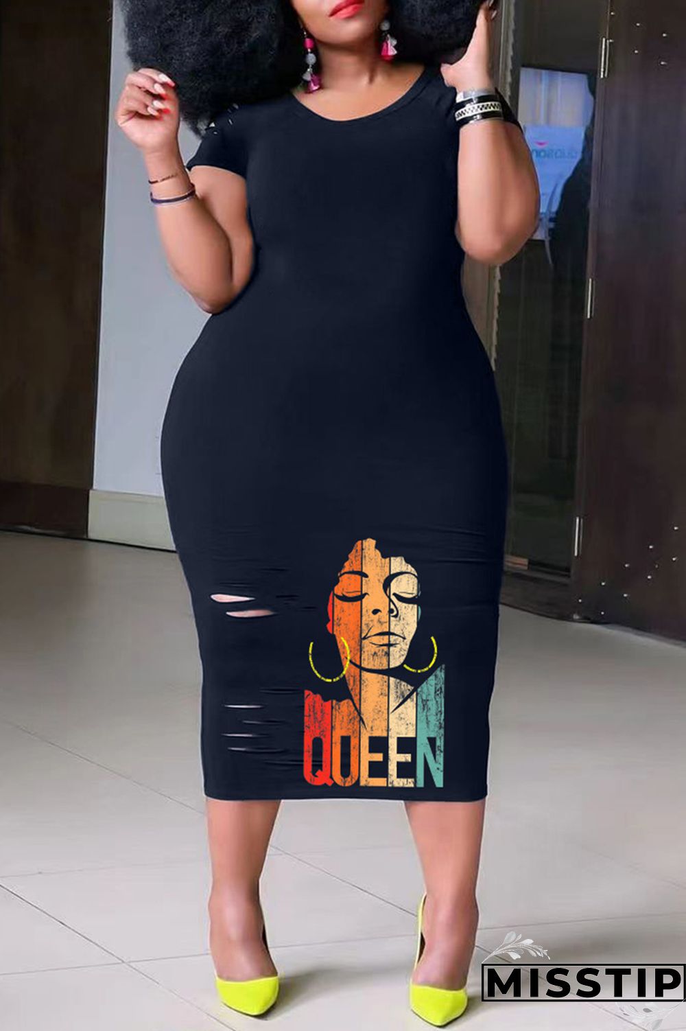 Black Casual Print Ripped O Neck Short Sleeve Dress Plus Size Dresses