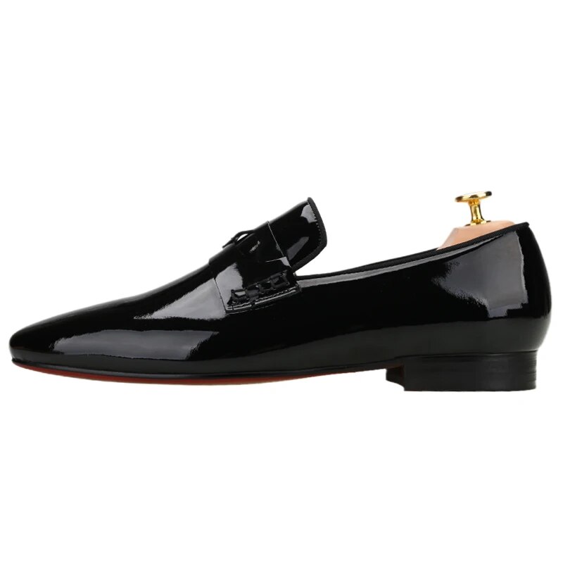 VCSHOES Style Black Patent Leather Men's Loafers Threading Mask Strap Men Smoking Slippers Red Bottom Shoe