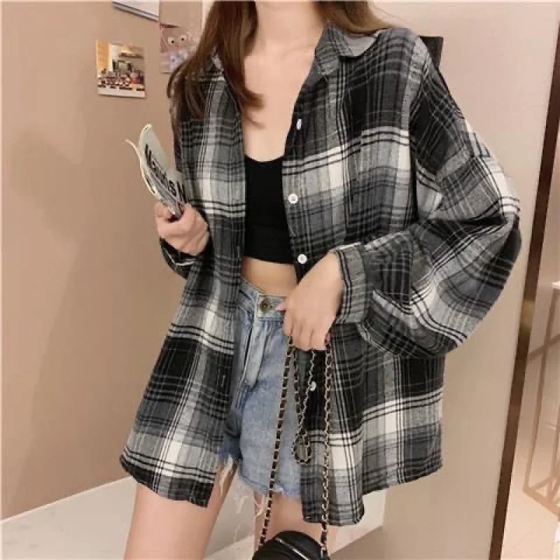 Uveng Uveng Plaid Shirt Woman 2025 Spring And Autumn Korean Version Of The Blouse Loose Hong Kong Style Long-Sleeved Shirt Woman