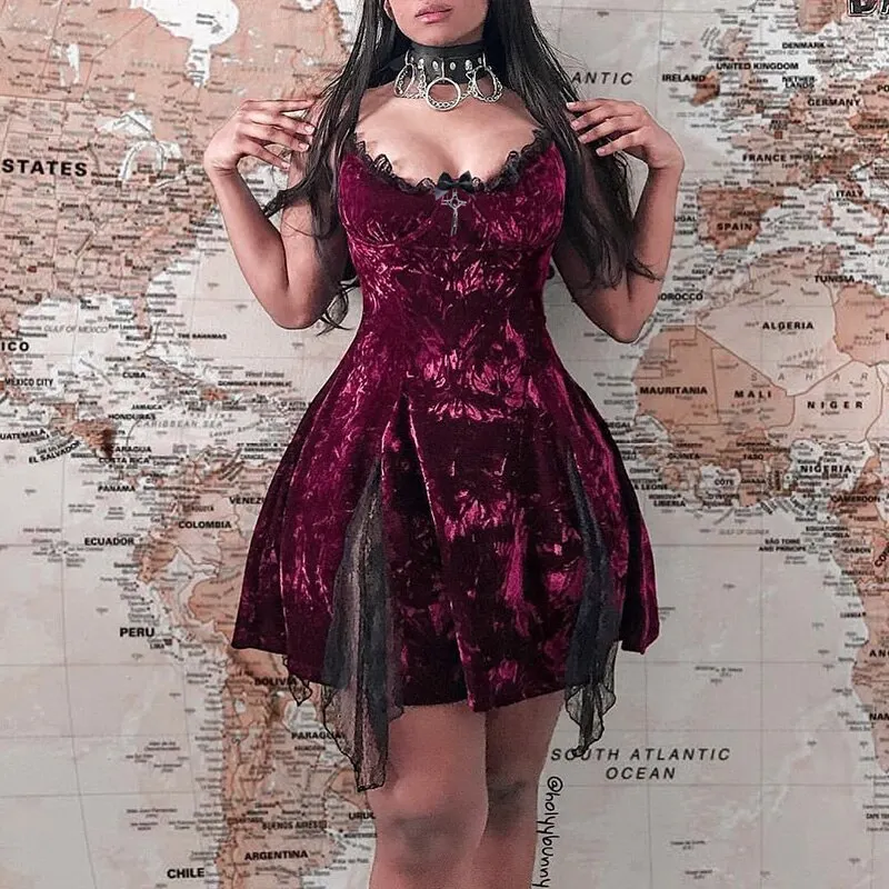 InsGoth Gothic Dress Vintage Sexy Lace Red Mini Dress Grunge Dark High Waist Slit Dress Goth Lolita Noble Velvet Party Dresses
