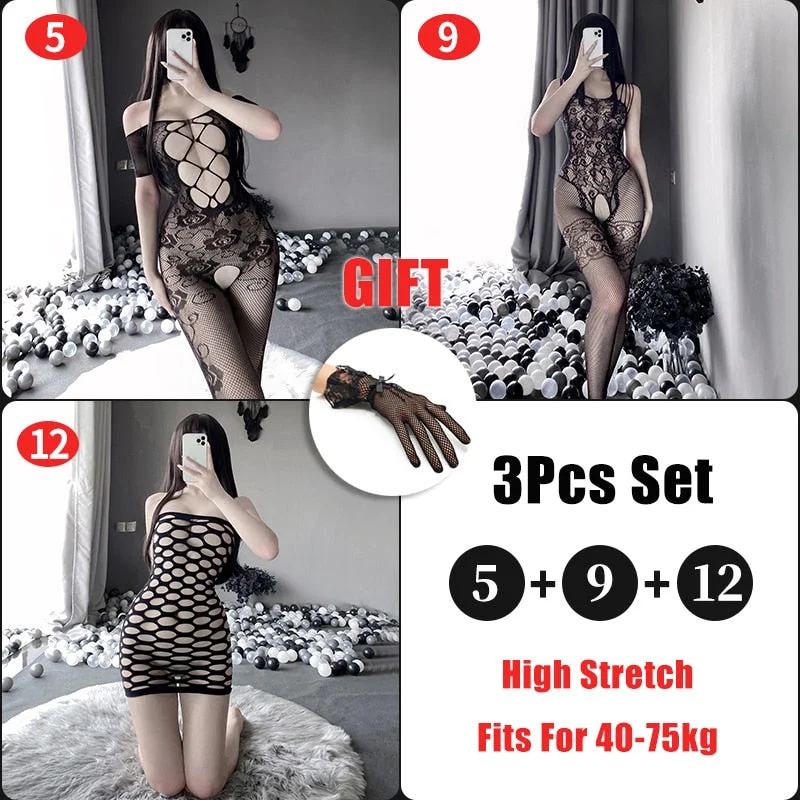 OJBK 3Pcs Sexy Lingerie Set Open Crotch Stretch Mesh Body Stockings 15 Style Teddies Bodysuit Erotic Outfit Plus Size Underwear