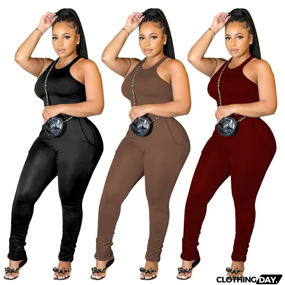 Solid Color Tank Top And Folds Pants Two Piece Sets