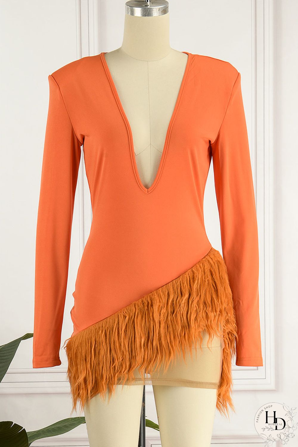Orange Sexy Solid Patchwork Feathers Asymmetrical V Neck Pencil Skirt Dresses