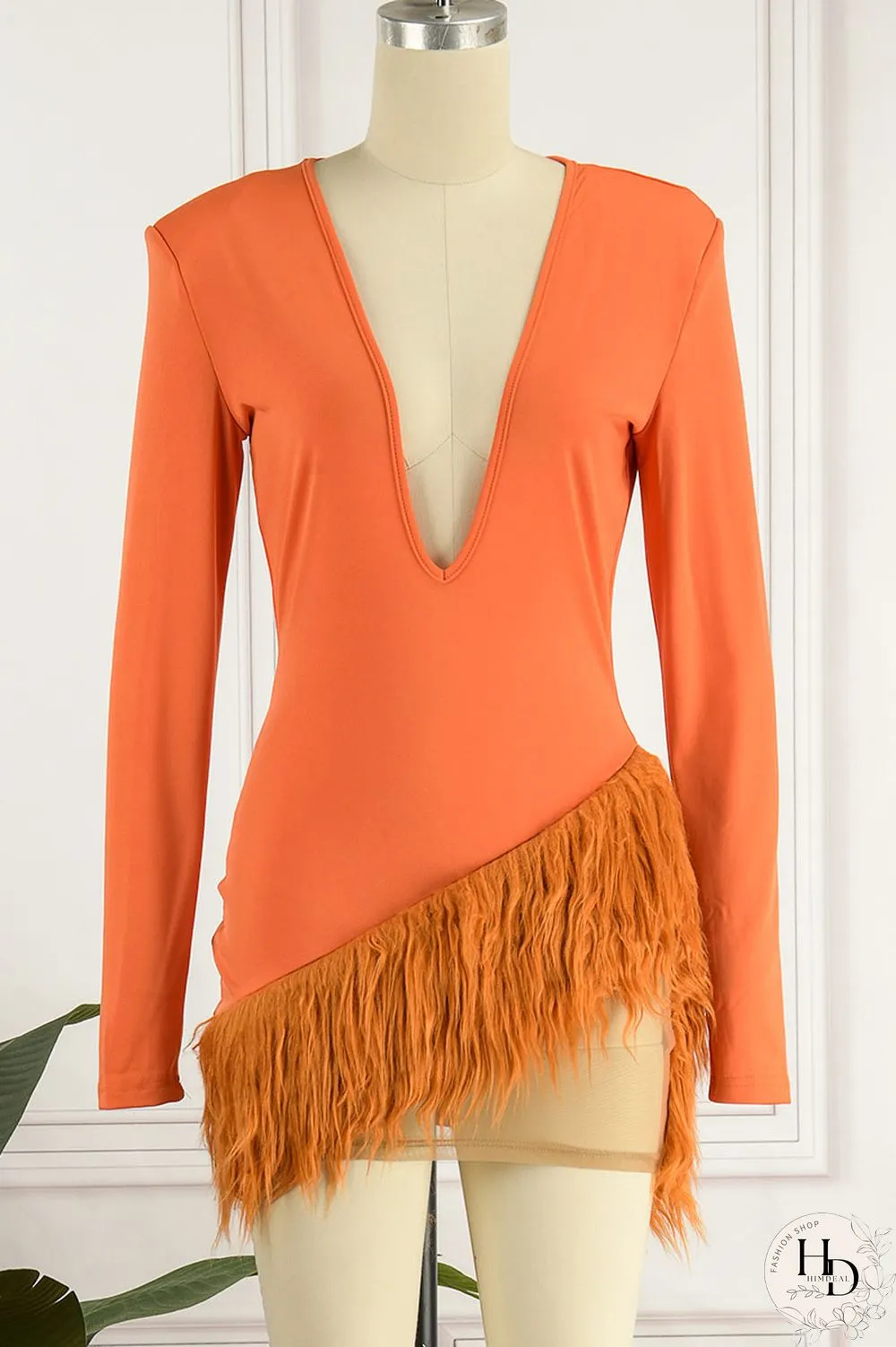 Orange Sexy Solid Patchwork Feathers Asymmetrical V Neck Pencil Skirt Dresses