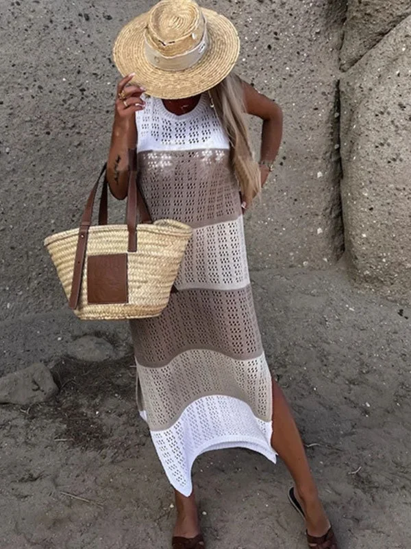 Athvotar Athvotar Fashion Trend Women's New Round Neckless Sleeveless Under The Pended Fork Knitting Dress