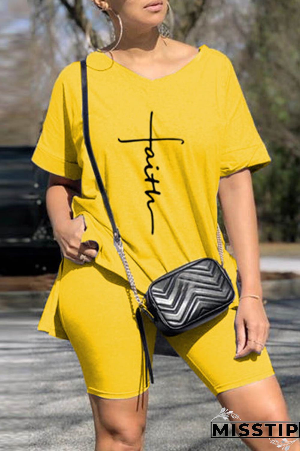 Light Gray Casual Print Slit V Neck Short Sleeve Two Pieces