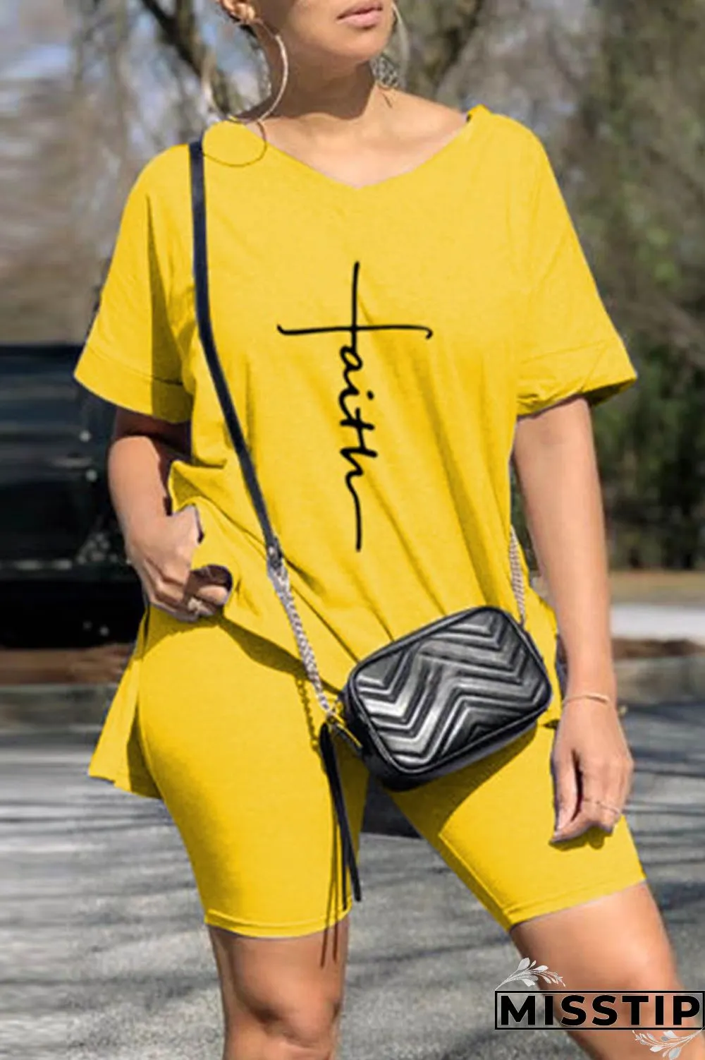 Light Gray Casual Print Slit V Neck Short Sleeve Two Pieces