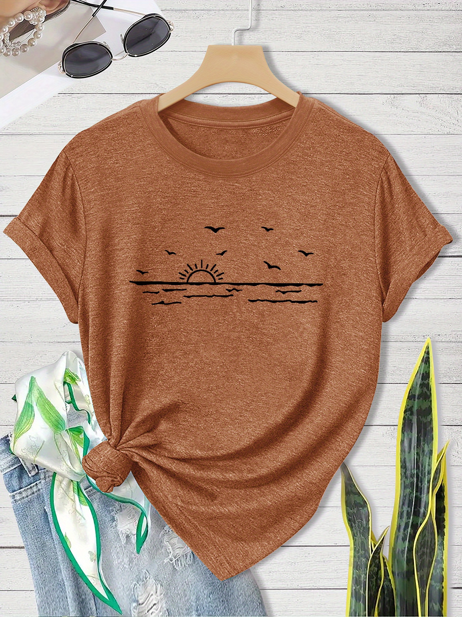 Women's Casual Short Sleeve T-Shirt - Soft Breathable Fabric With Geometric Beach Sunset Print, Relaxed Fit Round Neck, Medium Elasticity All-Season Versatile Top For Outdoor Parties, Holidays & Daily Wear, Beach T Shirt, Holiday Attire | IFYHOME