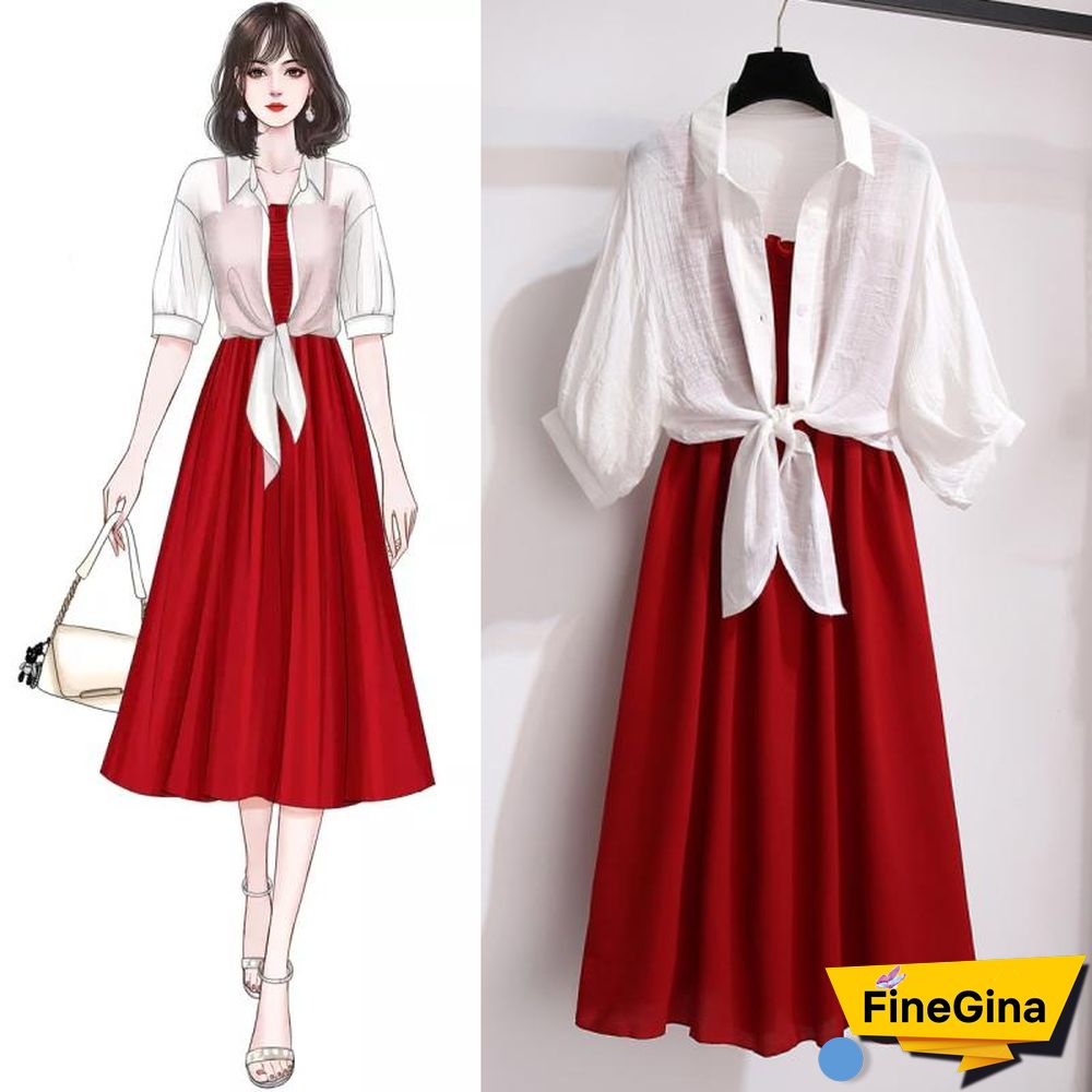Lace-Up Cardigan+Cami Dress P13023