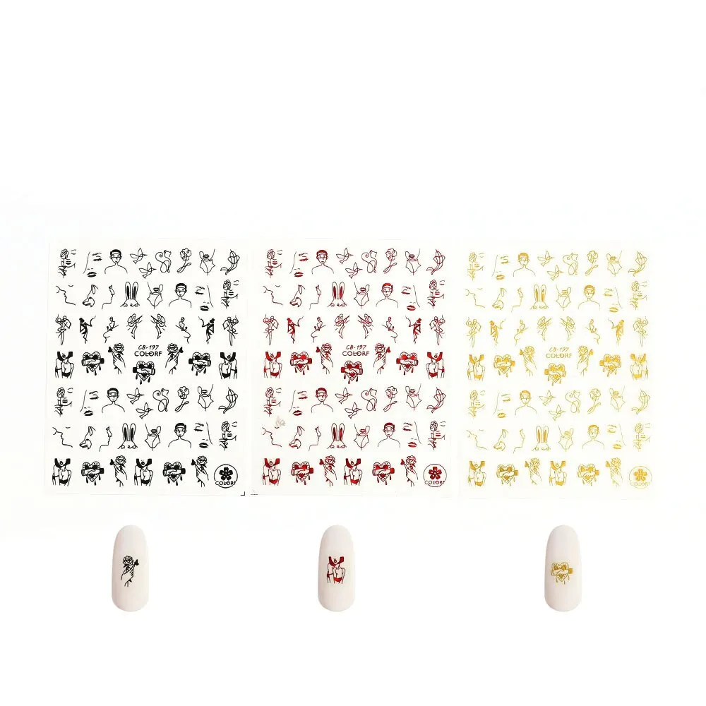 3Pcs Nail Stickers 3D Adhesive DIY Nail Art Transfer Flowers Love Abstract Sexy Woman Face Design Stickers For Nails Manicure-Nail Inspo