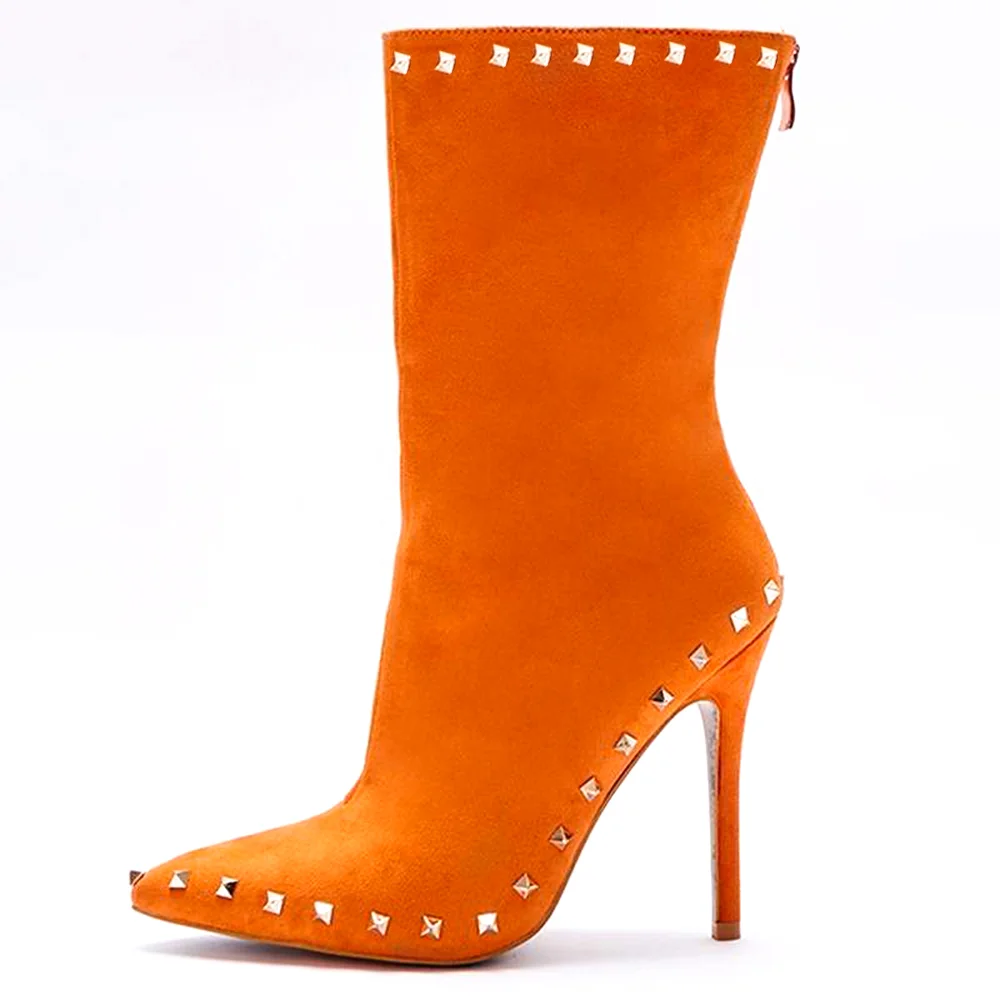 Orange Suede Women's Boots Rivet Decor Stiletto Heel Booties Nicepairs