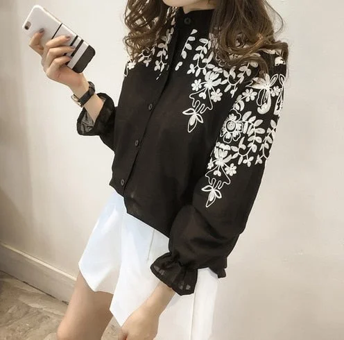 Spring New Fashion Female Clothing Embroidery Blouse Shirt Cotton Korean Flower Embroidered Tops Korean Style Fresh Shirt 529E