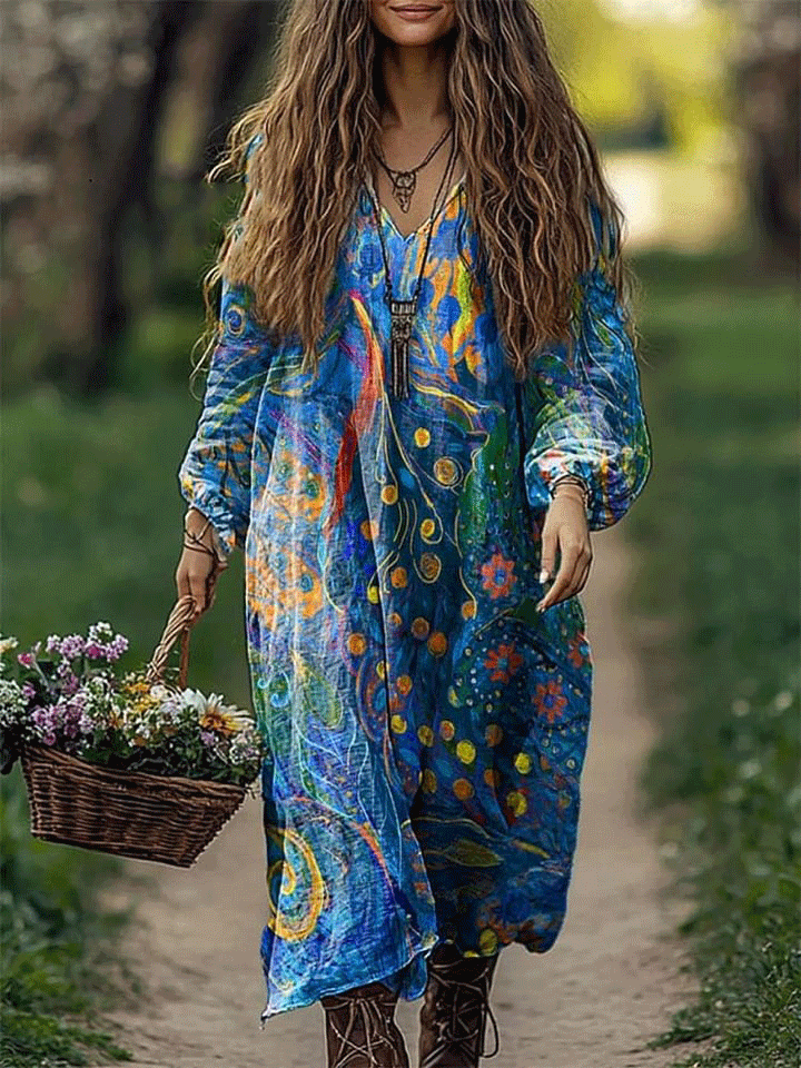 Women's Flowers Art Pattern Print Loose V Neck Pocket Cotton Dress