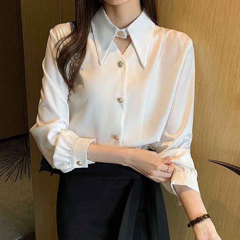 Fashion blue satin chiffon lapel shirt