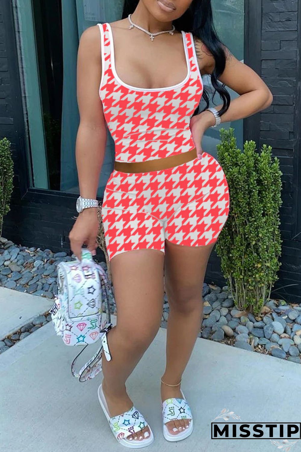 Pink Fashion Casual Print Basic U Neck Sleeveless Two Pieces