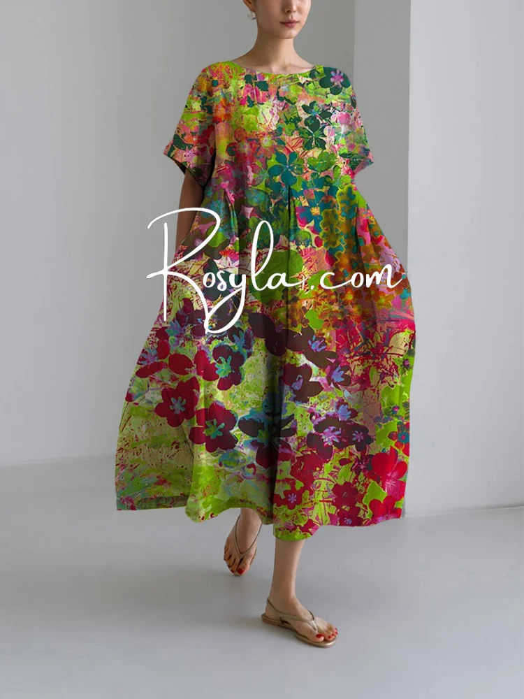Women's Fashion Elegant Flory Printing Loose Round Neck Medium Length Skirt Dress