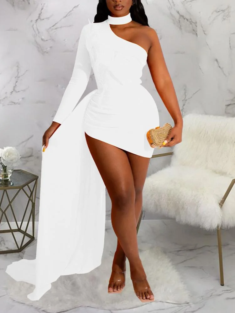 Neosepa-Unique Mock Neck Single Shoulder Pleated Hem Tailing Plain Mini Gown