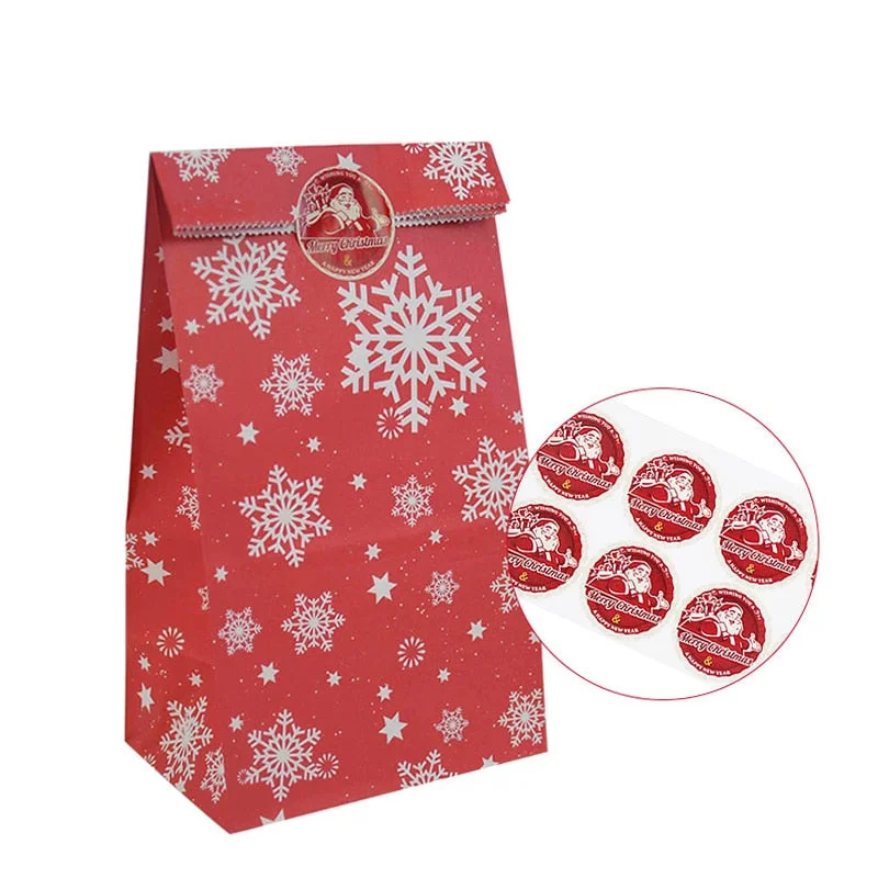 12Pcs Christmas Gift Bag Kraft Paper Candy Cookies Bag With Sticker Christmas Tree Food Packing Bags Xmas Birthday Party Decor