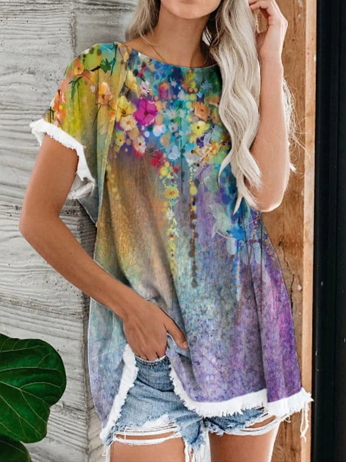 Women's Oil Painting Floral Print Print Fringe Top