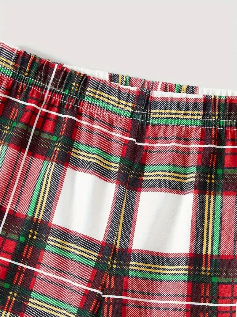 2024 Christmas Tree Pattern "We Wish You" Black Long Sleeve with Comfortable Red and Green Plaid Pants  Family Matching Pajamas