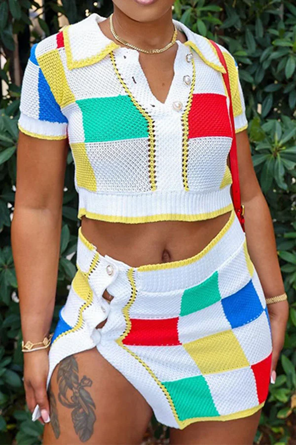 Color Block Patchwork Urban Knitted Dress Suit