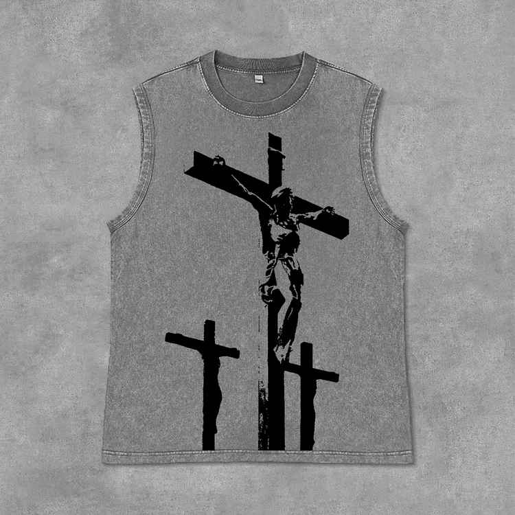 Jesus Cross Graphics Print Acid Washed Sleeveless Tank Top SOPULA