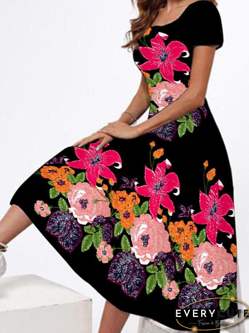 Square Neck Slim Flower Printed Dress