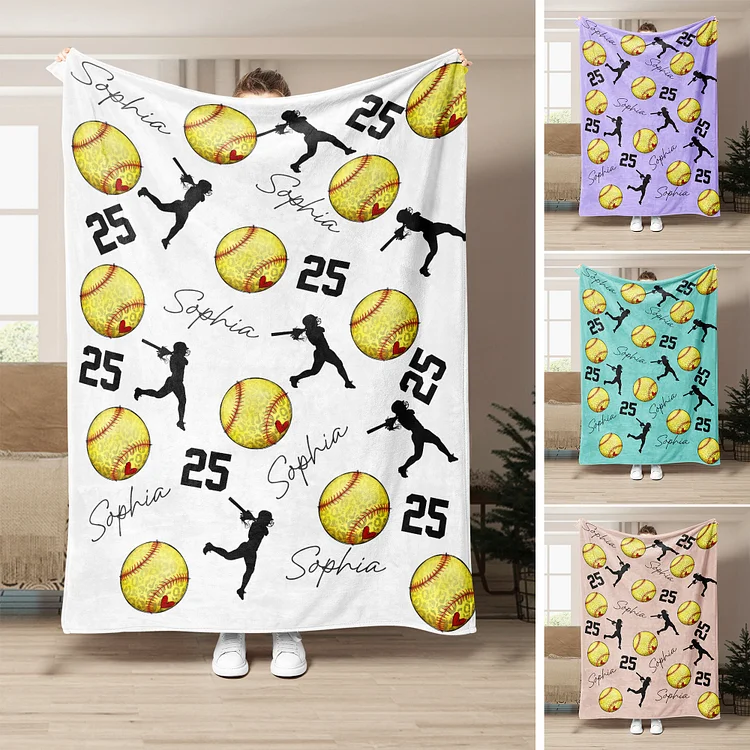 Personalized Softball Blanket, Custom Name Number Soft Cozy Blankets | BKKid360