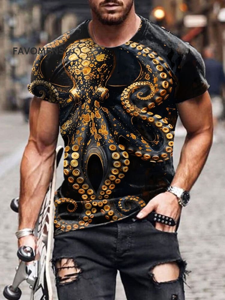Vintage Fish Octopus Art Print T-Shirt Multicolor / S