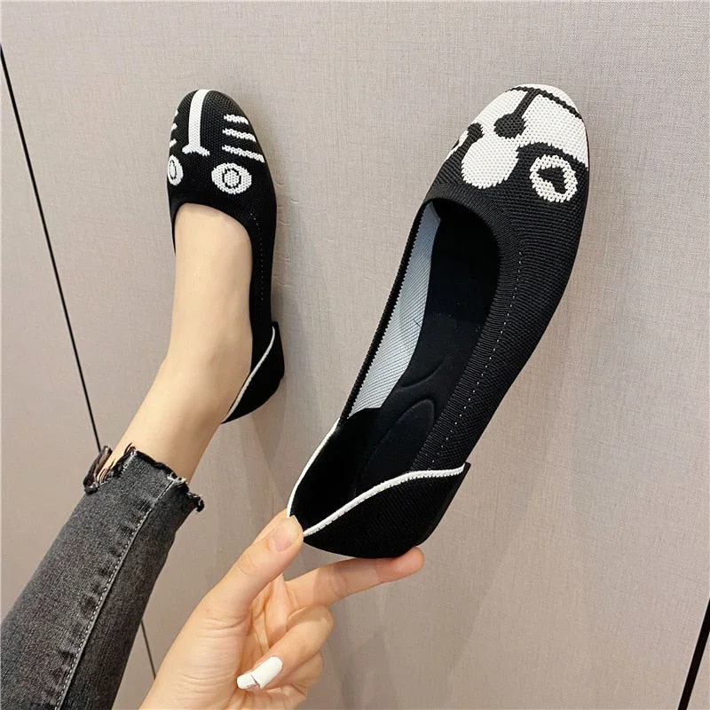 Women Shoes 2022 Bowknot flat Shoes Soft Pregnant Scoop Shoes Square Head Knitted Shoes Tide Girl Peas Shoes Female Ballet Shoes
