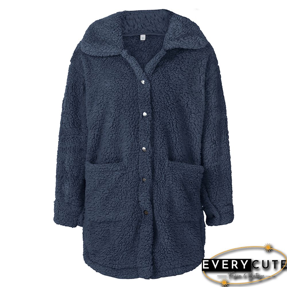 Navy Blue Double-sided Velvet Buttoned Plush Warm Coat