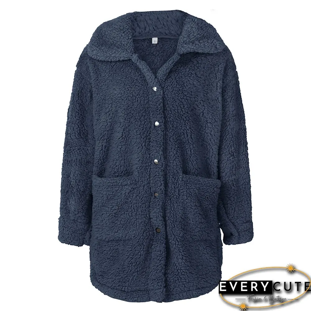 Navy Blue Double-sided Velvet Buttoned Plush Warm Coat
