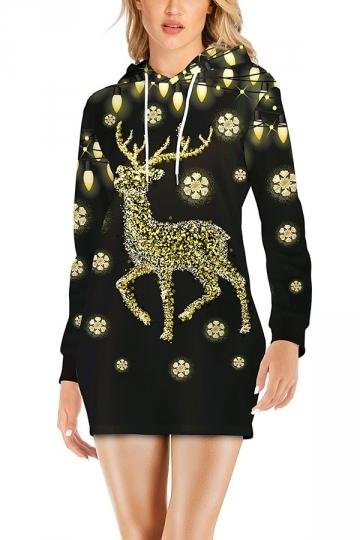 Womens Christmas Reindeer Dress Drawstring Gold-elleschic