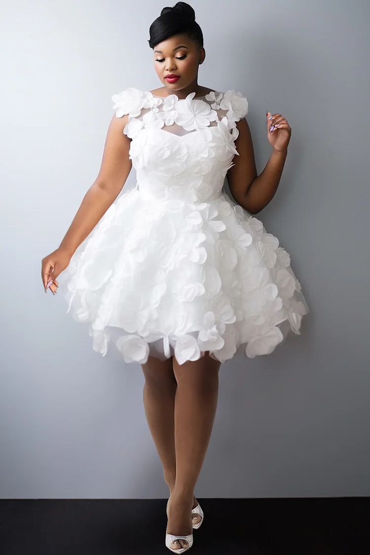 Xpluswear Design Plus Size Party White Elegant Round Neck 3D Tulle Mini Dresses [Pre-Order]