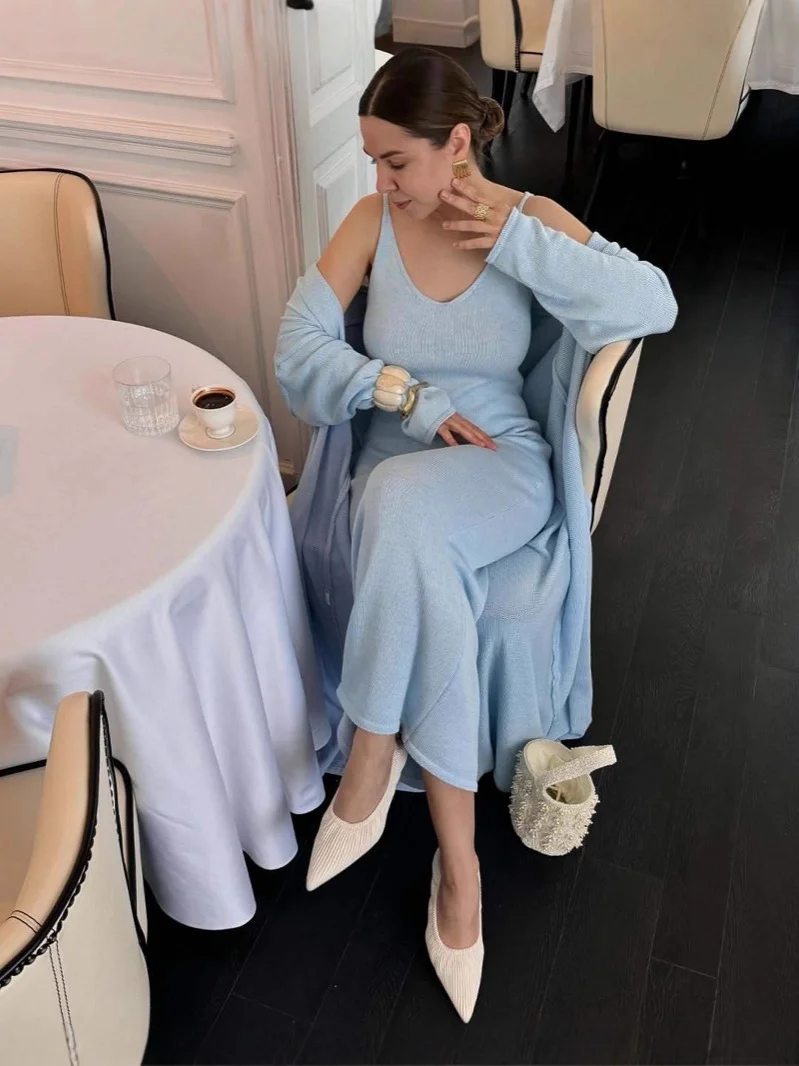 Athvotar Athvotar Hot Cotton Knitted Hollow Vest Long Dress + Long Sleeve Open Shirt Set Women's Soft Knitted Shirt