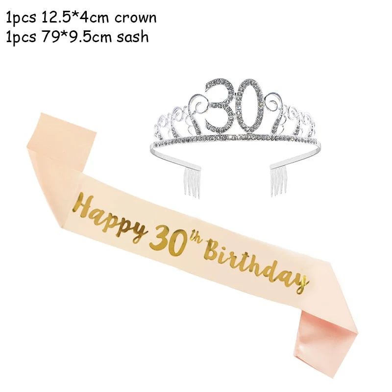 Happy Birthday 18th 30th 40th 50th Rose Gold Satin Sash Crystal Crown Tiara Adult Birthday Party Decoration Anniversary Supplies