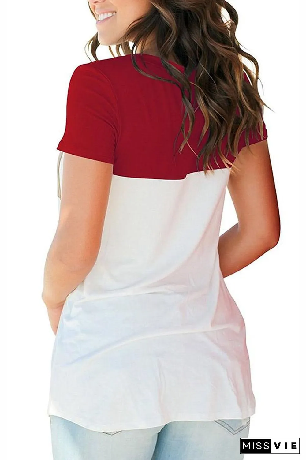 Mixed Color Pocket V Neck Top