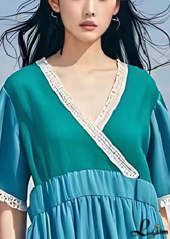 Casual Blue V Neck Patchwork Wrinkled Linen Dress Summer