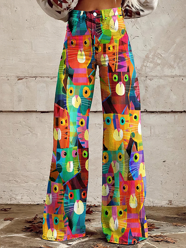 Comstylish Retro Fun Cat Geometry Art Casual Wide Leg Jeans