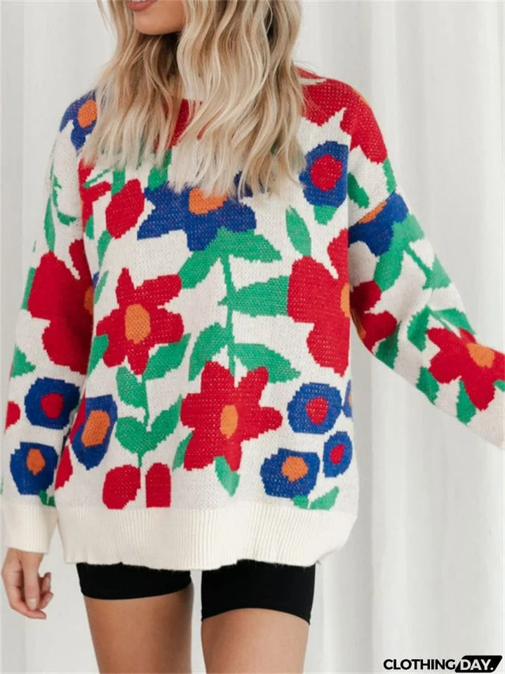 Casual Round Neck Floral Pullover Sweater