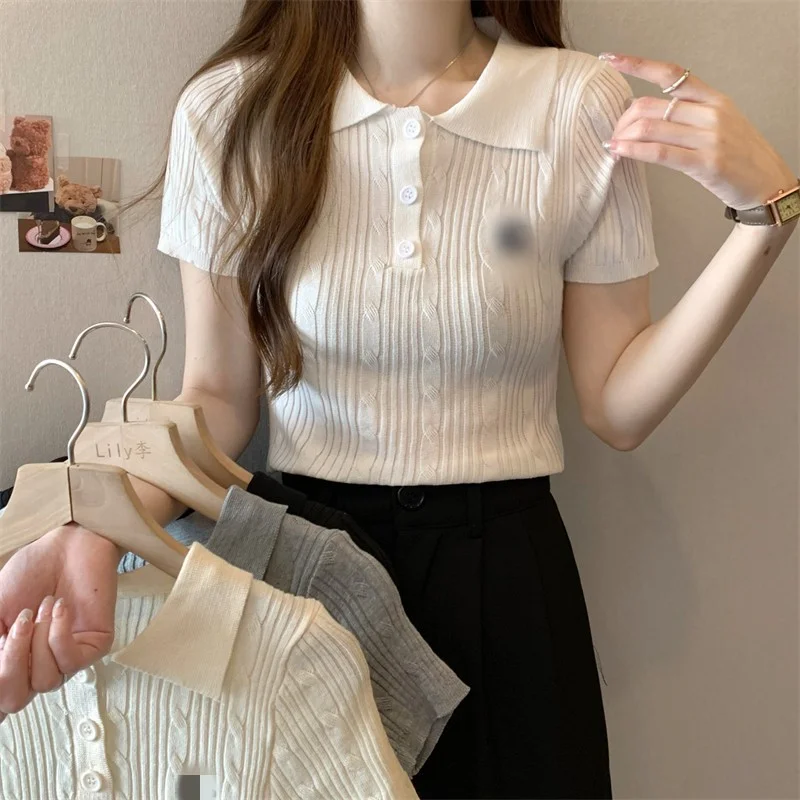 Uveng Uveng Collar Front Shoulder Short-Sleeved Knitted T-Shirt Girl Summer Design Small Sweet Hot Girl Exposed Umbilly Short Top