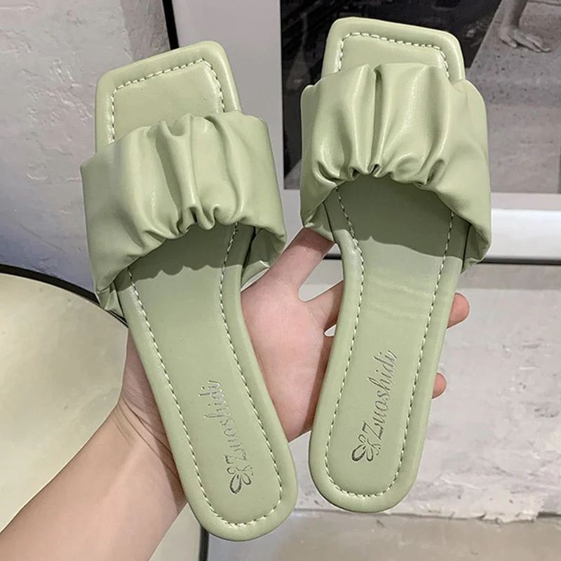 2021 Women Slippers Summer Pleated Upper Fashion Wear-resistant Office Flat Shoes Summer New Sandy Beach Sandals Women Shoes