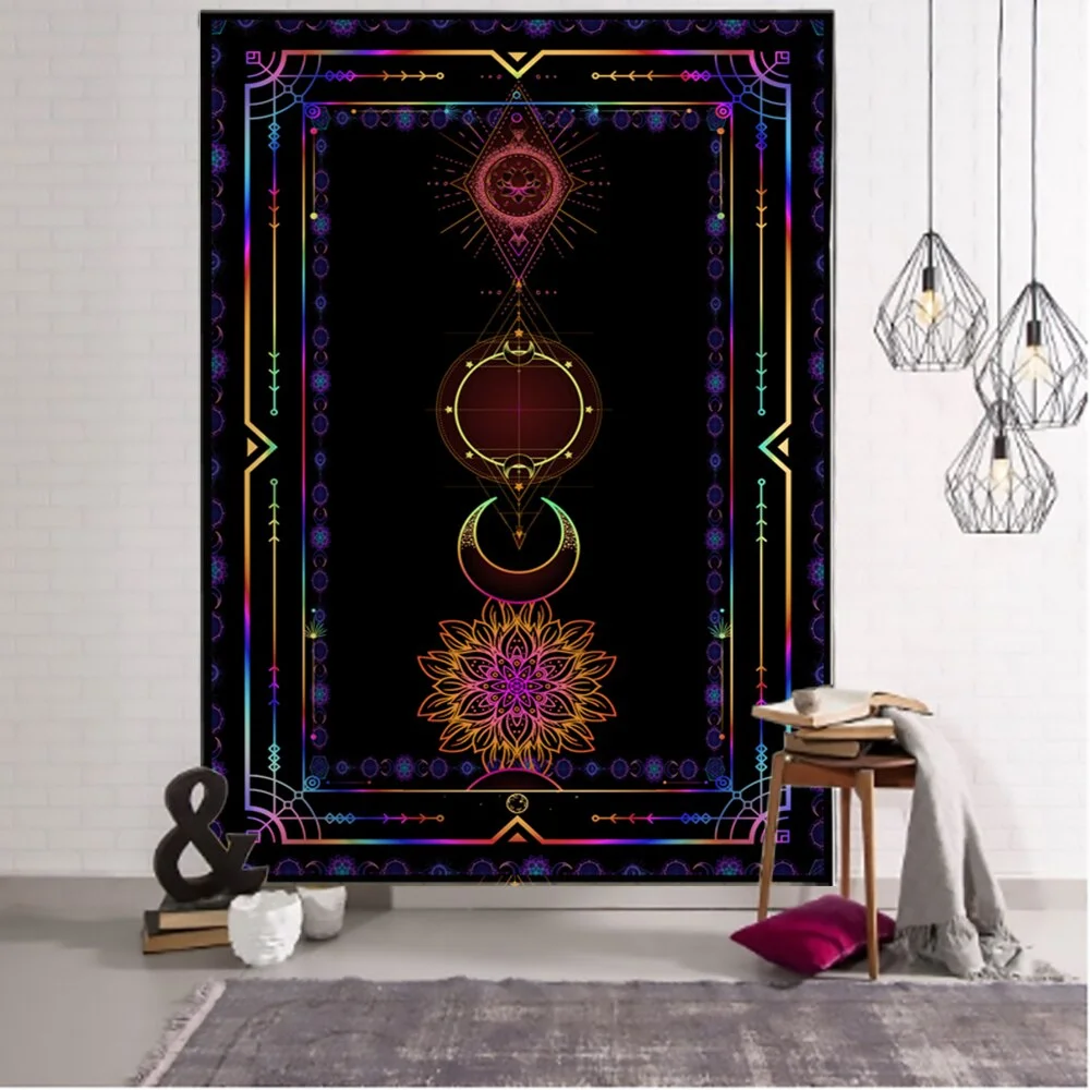 Golden Black Sun Moon Tarot Mandala Tapestry Wall Hanging Witchcraft Hippie Wall Carpets Dorm Decor Psychedelic Tapestry