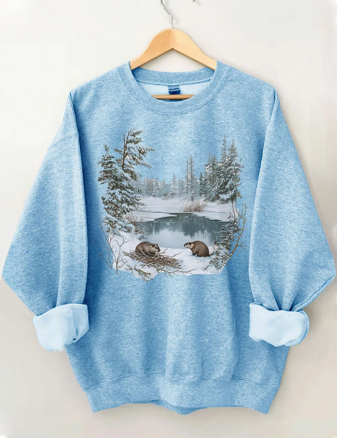 Beavers Winter Pond Snowy Scene Sweatshirt