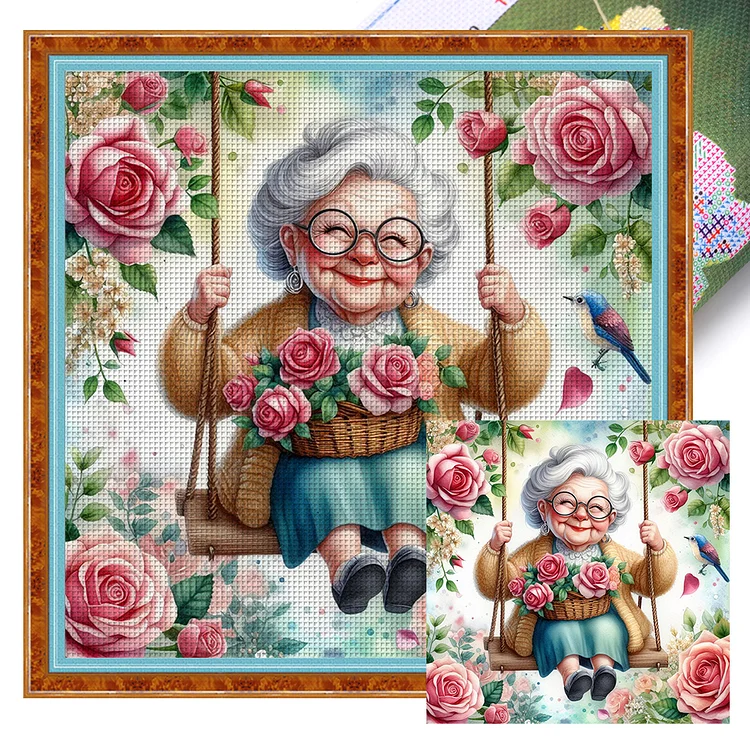 【Huacan Brand】Happy Old Lady On Swing 11CT Stamped Cross Stitch 45*45CM