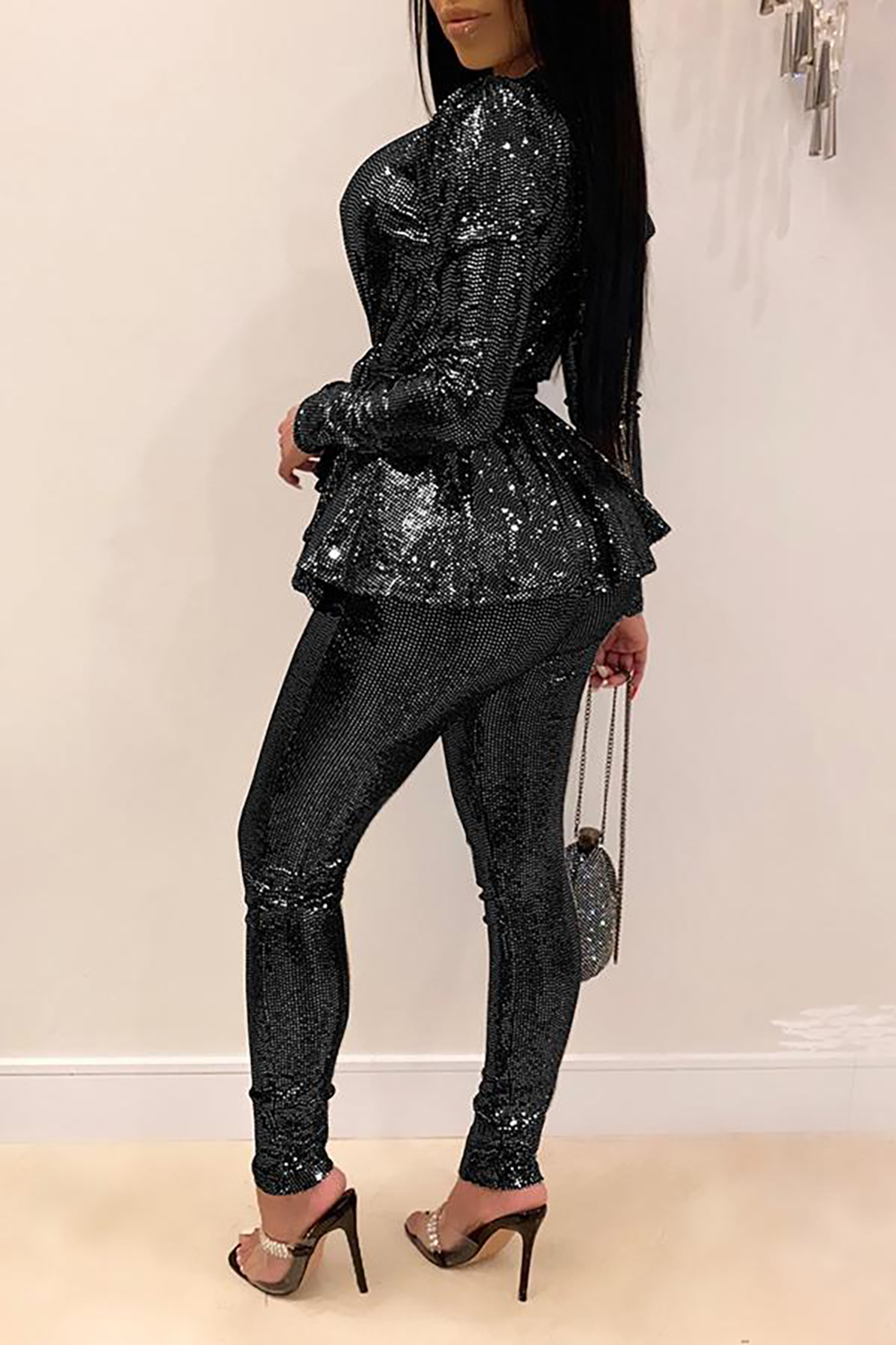 Plus Size Party Black V-Neck Long Sleeve Wrap Glitter Two Piece Pant Set