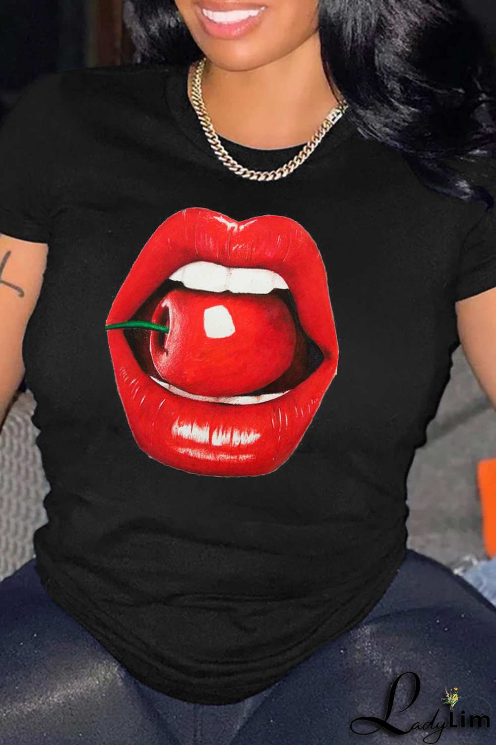 Black Fashion Street Lips Printed Split Joint O Neck T-Shirts