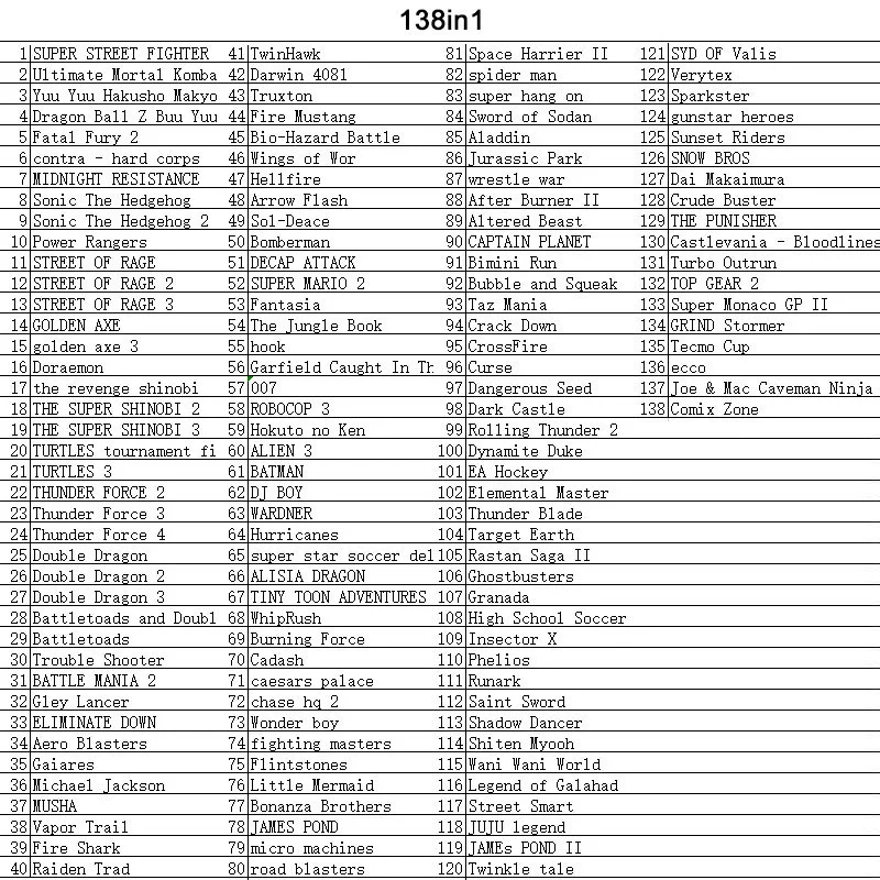 16 Bit Game Cartridge - 138 IN 1 Classic Collection Genesis/MEGA DRIVE Remix Mulit Cart - Region Free